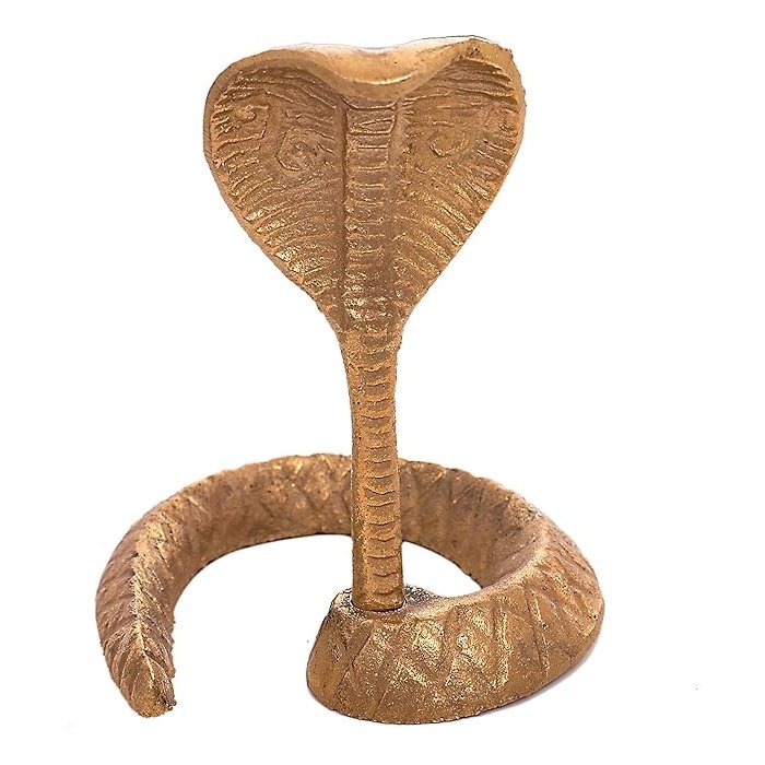 Brass Snake of Shiva figurine, gold-toned, raised hood and coiled base