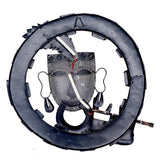Back of Krishna wall sculpture: dark iron circular frame with brackets and hanging hardware
