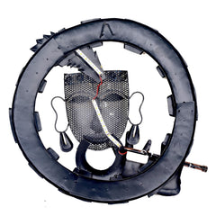 Back of Krishna wall sculpture: dark iron circular frame with brackets and hanging hardware