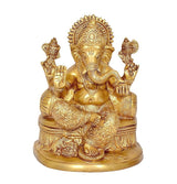 Brass Ganesha statue seated on ornate singhasan, 8 in tall