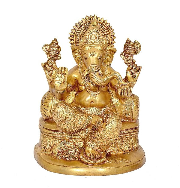 Brass Ganesha sitting on Singhasan Statue (Height: 8 inches)