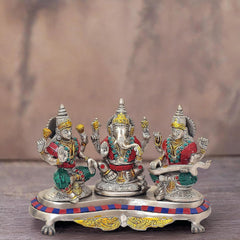 Brass Ganesh-Lakshmi-Saraswati idol set on multicolor base, 7 in height