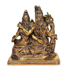 Brass Shiv Parivar statue rear angle, flowing hair texture and trident held upright
