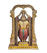 Tirupati Balaji idol back view, maroon drape with green sash and gold trim