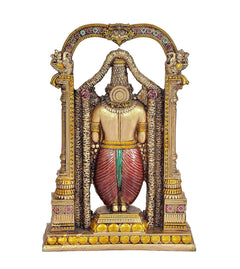 Tirupati Balaji idol back view, maroon drape with green sash and gold trim