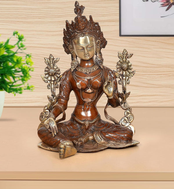 Brass Sitting Tara Devi Statue Tibetan Buddhist Deity (Height 15 Inch)