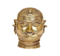 Brass Shiva head statue idol front view with engraved forehead mark and curled hair, 6 in