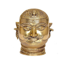 Brass Shiva head statue idol front view with engraved forehead mark and curled hair, 6 in