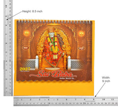 Tabletop standing desk calendar with Sai Baba 2027 cover and size measurement markings