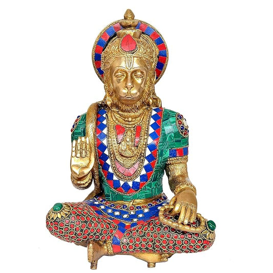 Brass Hanumana Statue Idol Giving Blessings in Sitting Pose for Home Decor Multicolor | Height : 11 Inches