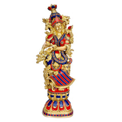 Radha-Krishna-Statue, 29 Zoll, goldene Ornamente mit erhobener Hand, blau-rote Gewänder