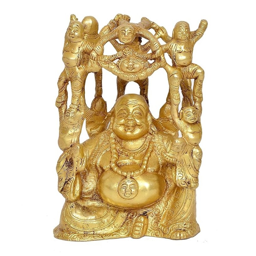 Brass laughing Buddha home decor statue with raised-figure design, 8 inch tall