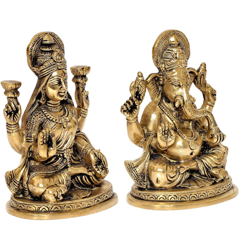 Brass Laxmi Ganesh Statue - Handcrafted Goddess Lakshmi and Lord Ganesha Idol for Home Decor and Pooja - Hindu Deities Figurine (Height 5.5 Inch)