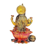 Back view Lakshmi brass idol on lotus with long hair texture, jeweled crown