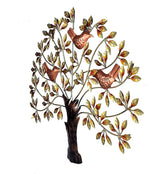Iron tree wall hanging with copper birds and gold leaf branches, full view