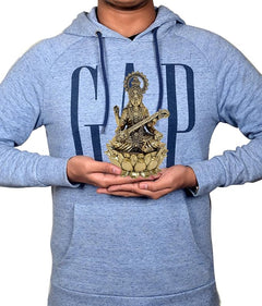 Brass Saraswati on lotus with veena, small 6-inch figurine in hands