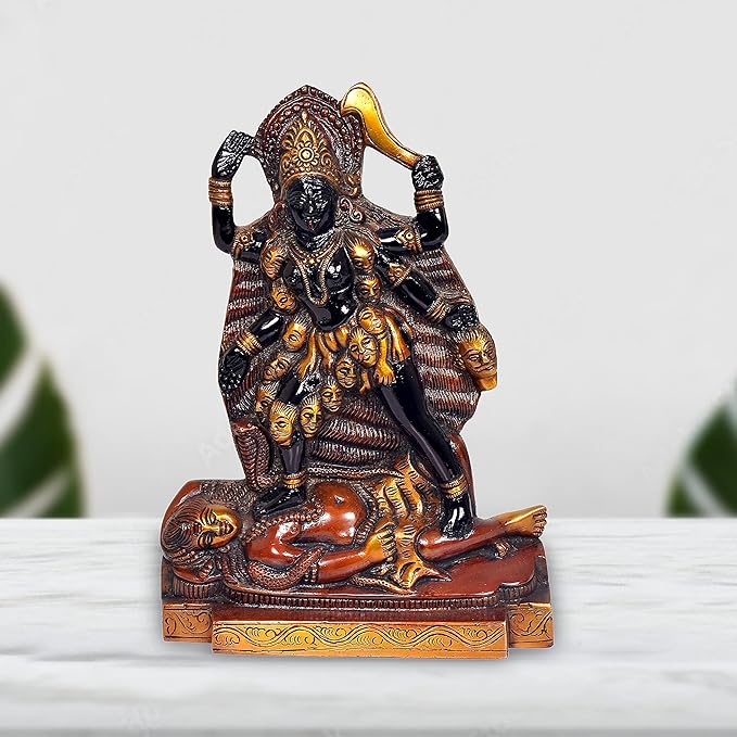 Maha Kali Maa brass idol statue with many figures, seated base, ornate details, 9.5 in