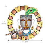 Krishna iron wall sculpture with flute, peacock feather, round frame; 19-inch diameter