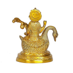 Swan-riding Maa Saraswati brass figurine, three-quarter view, raised arms