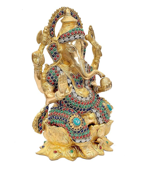 Brass Ganesha Statue Murti On Lotus for Home Decor | Multicolor | Height : 12 inches