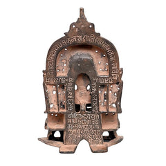 Brass Mahavir ji Jain idol statue, detailed backplate with inscriptions, 8 inch