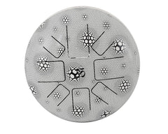 Steel happy drum front with soccer and fan-shaped design, black-silver