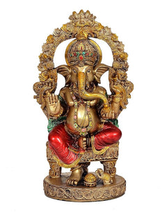 Front view resin Ganesha idol, multi-armed pose, jeweled headpiece, red clothing