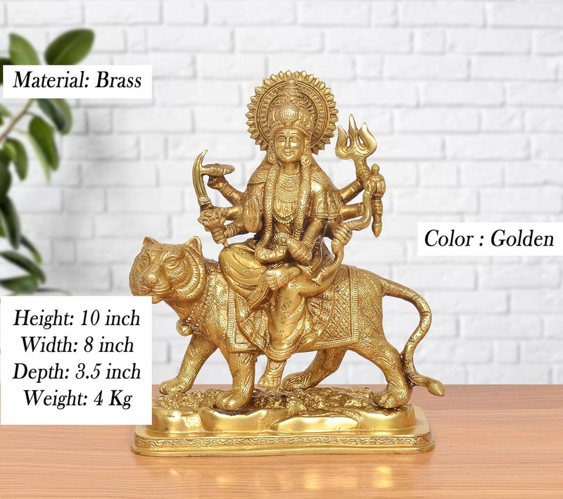 Brass Durga Maa with Lion Statue (Height 10 Inch)