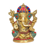 Front view 7-inch brass Ganesha statue with jeweled crown and raised hands