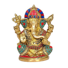 Front view 7-inch brass Ganesha statue with jeweled crown and raised hands