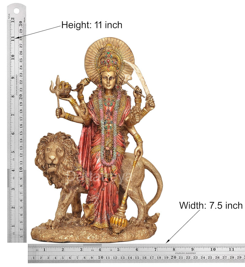 Resin Standing Durga Maa with Lion Idol Hindu Goddess Sherawali MATA Murti MATA Rani Statue Figurine Home Temple (Height: 11 Inch)