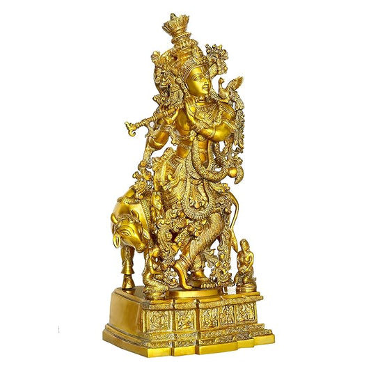 Brass Large Size Murli Krishna with a Cow on a Carved Pedestal Height 28 Inch (Gold)