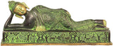 Reclining brass Buddha statue with engraved robe and ornate base, 12 in wide