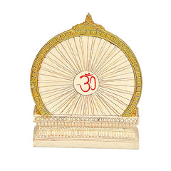 Resin Hindu idol back view, circular halo with red Om symbol and gold trim