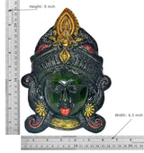 Brass Durga face idol mask with size guide: 9 in tall, dark green face, golden crown