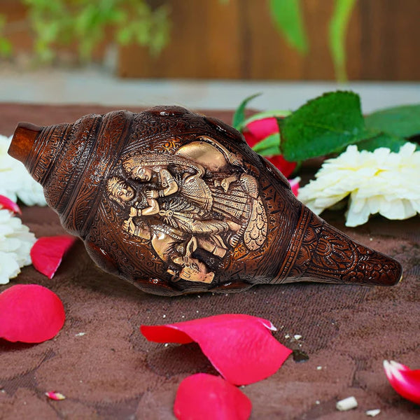 Brass Shankh with God Images Print in Brass for Puja Use & Showpiece (Radha Krishna on Shankh) (Length: 9 Inches)
