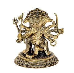 Brass Panchmukhi Hanuman idol, angled view with weapons and ornamental details on base