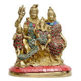 Brass Shiva family idol, gem-studded robes in red/blue, raised hands, 6 in
