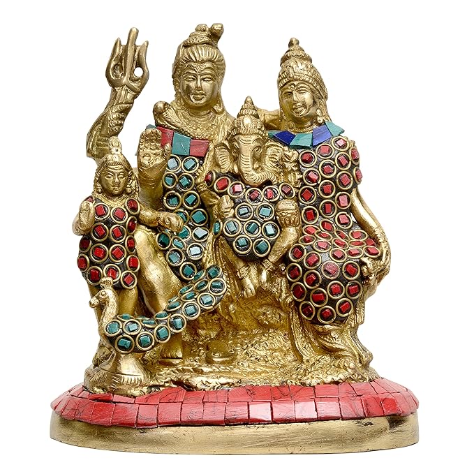 Brass Shiva family idol, gem-studded robes in red/blue, raised hands, 6 in