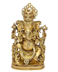 Gold brass-style Ganesha Ganpati idol statue with detailed ornaments and crown
