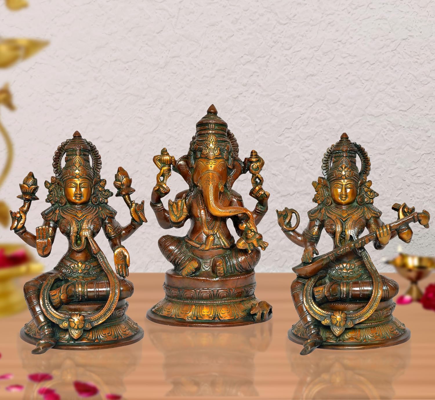 Brass Lakshmi Ganesh Saraswati Statue Idol Murti for Home Decor Pooja Mandir Diwali Decorative Showpiece Multicolor (Height 10 inch)