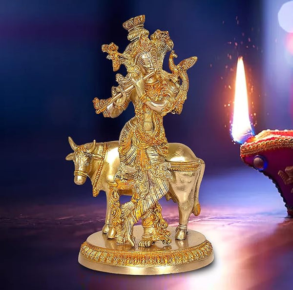 Brass Khaniya with Cow Playing Flute Statue (Height: 9.25 inches)