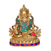 Brass Lord Kuber idol of wealth, seated figure with jeweled teal, red and green accents