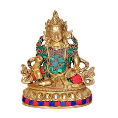 Brass Lord Kuber idol of wealth, seated figure with jeweled teal, red and green accents