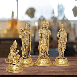 Lord Rama Family Ram Darbar Ram, Sita, Laxman, Hanuman Golden Color Brass Statue (Height 11 Inches)