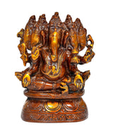 Brass Panchmukhi Ganesha idol front view, multiple faces and crown, 8 inch