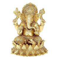 Brass Lord Ganesha statue idol, seated with ornate crown, 6-inch height