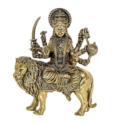Messing-Durga-Statue mit Krone und vier erhobenen Armen auf Löwe