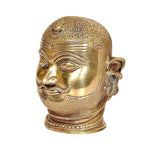 Brass Shiva head statue idol shown in side profile, ornate hair and large earrings, 6 in