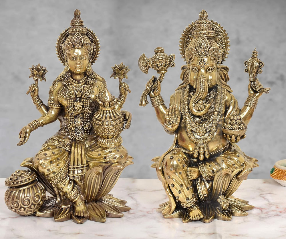 Superfine Brass Lakshmi Ganesh Statue (Height 10 Inch)